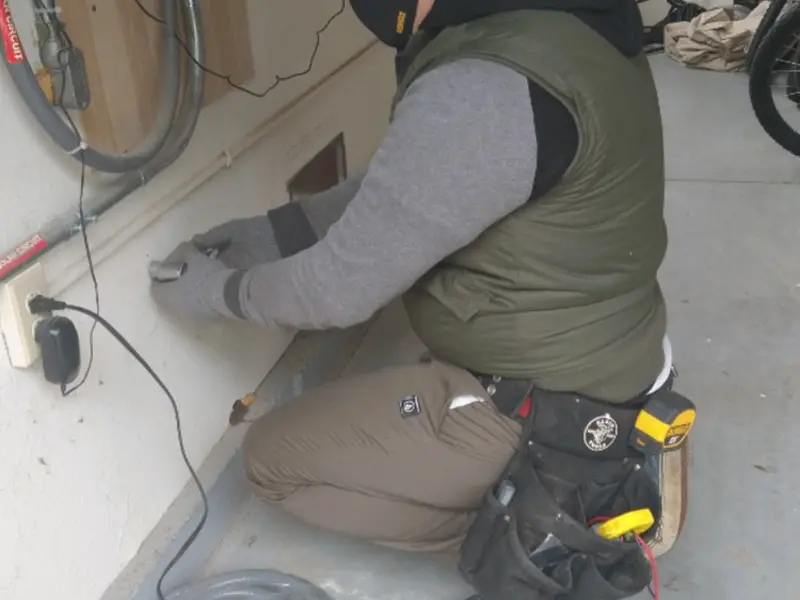 Electrician performing outlet wiring in a Norman garage